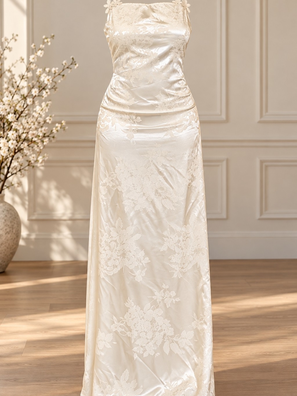 Lulu's Ivory Floral Jacquard Backless Dress